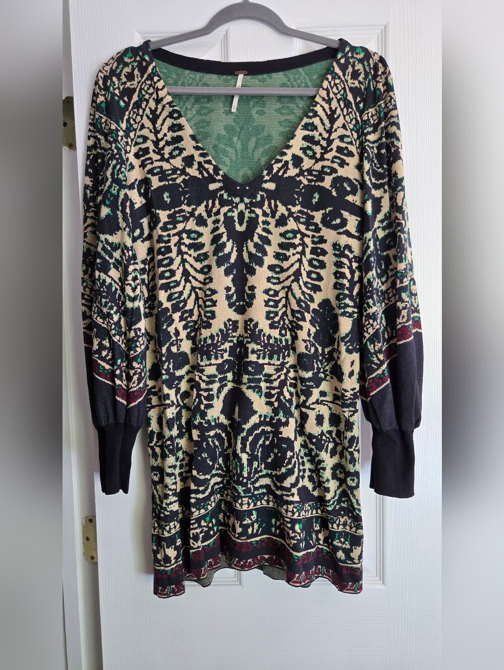 Free People Boho Knit Dress Music & Lyrics Printed V-Neck Mini Green Brown S